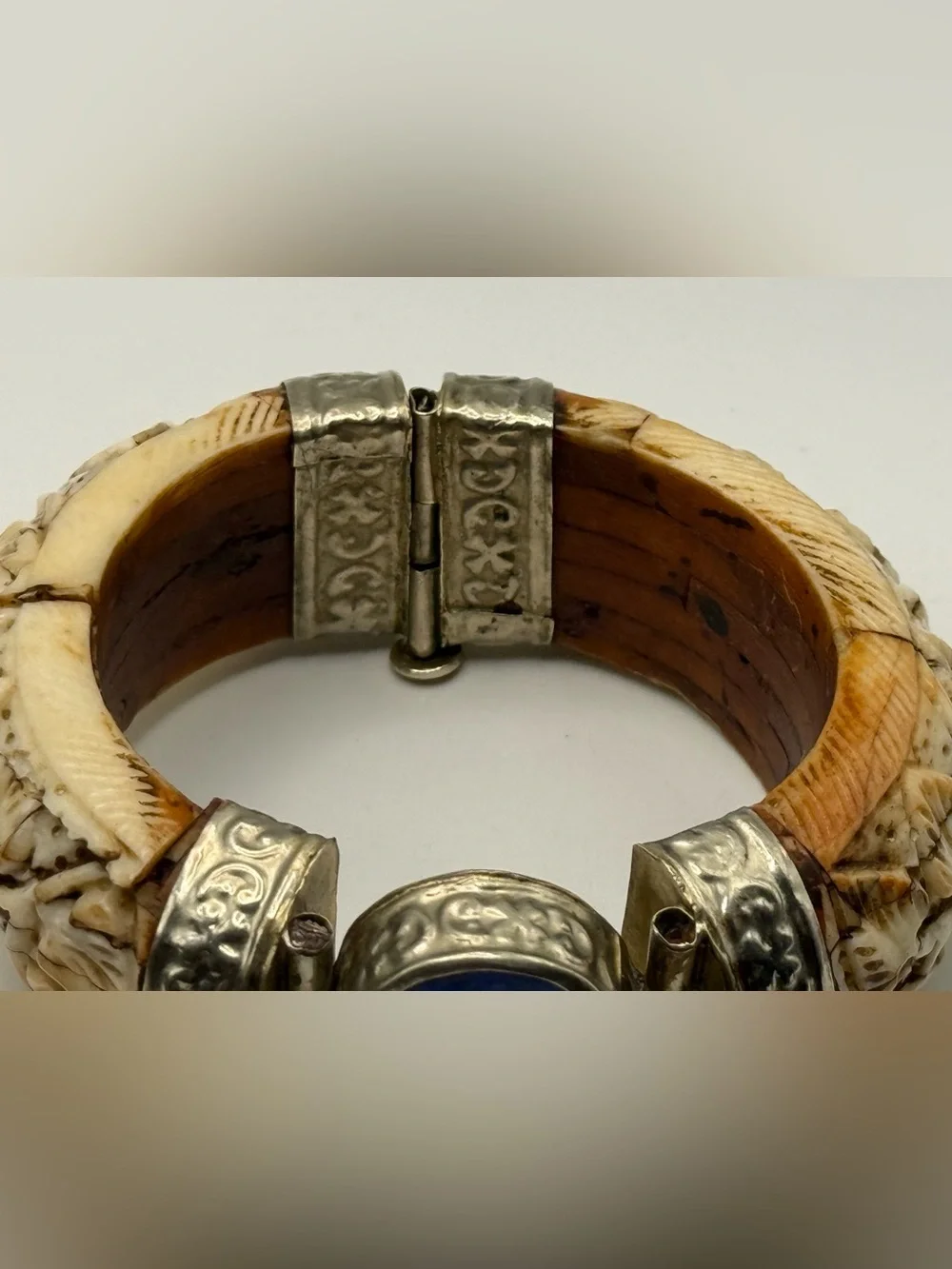 Vintage Tribal Lapis Lazuli Carved Bone Hinged Cuff Bangle Statement Bracelet
